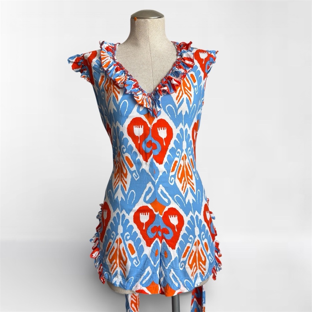 Feather & Find Boho Ikat Print Romper Ruffled Blue Orange